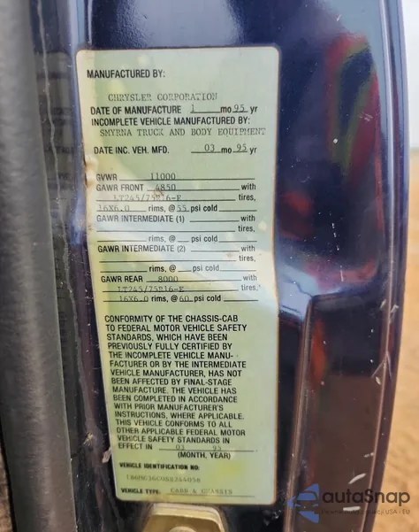 1995 Dodge Ram 3500 из США, поврежденный, VIN 1B6MC36C0SS244058